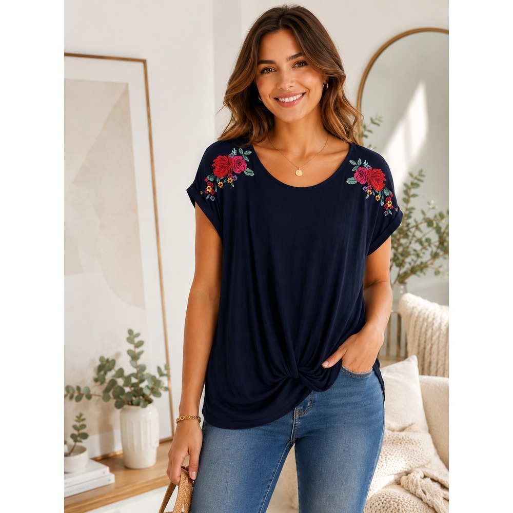 W5 Navy Blue Floral Embroidered Twist Front Knit Top‎ Short Sleeve Boho Large